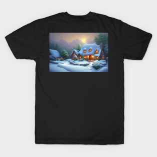 Magical Fantasy House with Lights in a Snowy Scene, Fantasy Cottagecore artwork T-Shirt